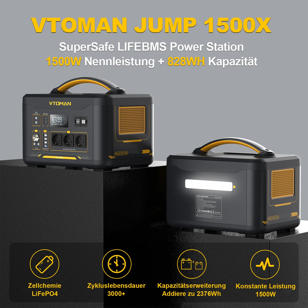 VTOMAN JUMP 1500X Tragbares Kraftwerk Camping LiFePO4-Batterie 828 Wh 1500 W AC-Steckdosen Solargenerator für Zuhause, Wohnmobil, Outdoor