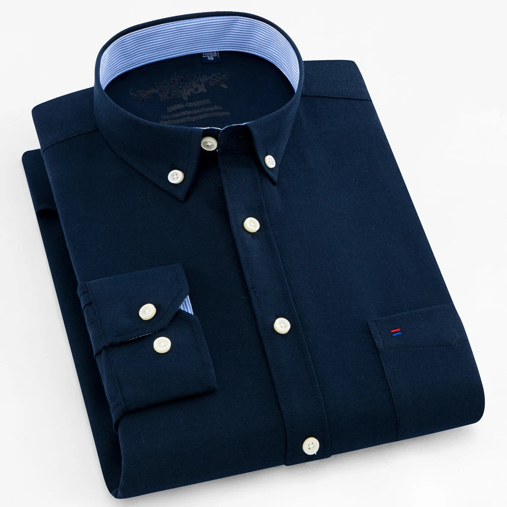 Langärmliges Oxford-Karo-gestreiftes Arbeits-Freizeithemd für Herren mit Tasche, Frühlings-Herbst-Baumwollmischung, reguläre Passform, Button-Down-Hemden