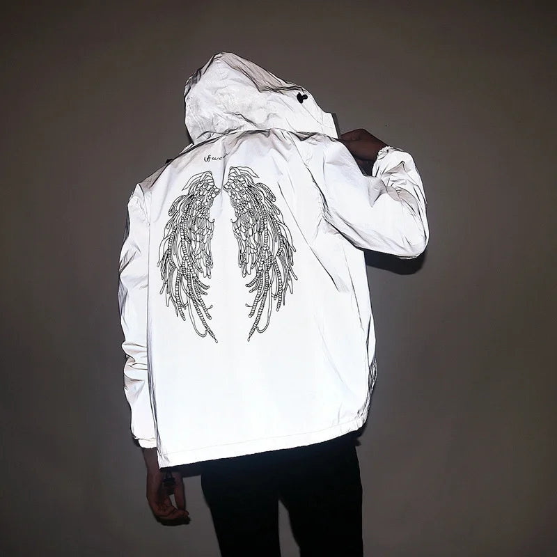 Männer Voll Reflektierende Jacke Casual Frauen Windjacke Hip Hop Mit Kapuze Mantel Wasserdicht Gedruckt Streetwear Nacht Glänzende Jacken 5XL