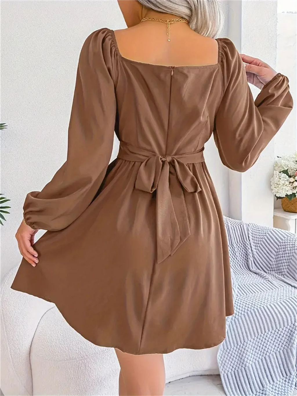 Lässiges, gerüschtes, langärmliges Kleid mit quadratischem Ausschnitt und Rüschenbesatz für Frühling und Herbst, Damenbekleidung