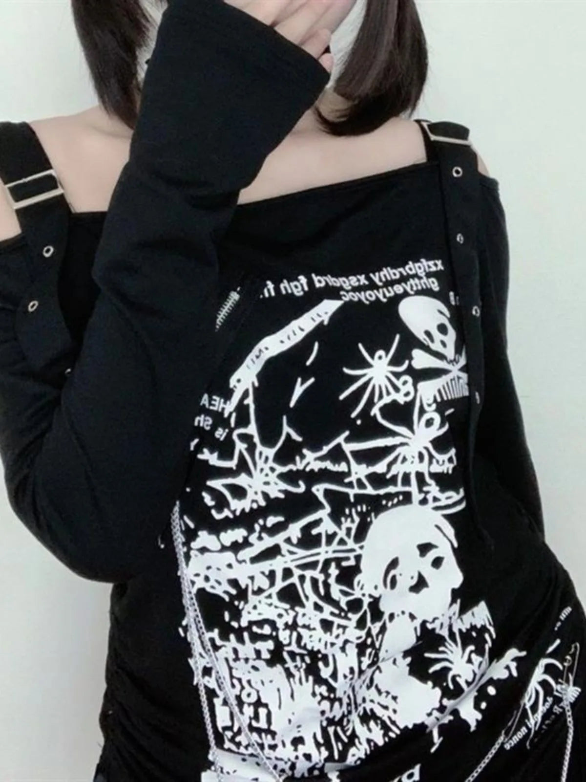 Y2K Damenbekleidung Arcane Stitch T-Shirts 2025, Goth Punk, schulterfrei, langärmelig, lässig, Vintage, sexy Streetwear, Totenköpfe