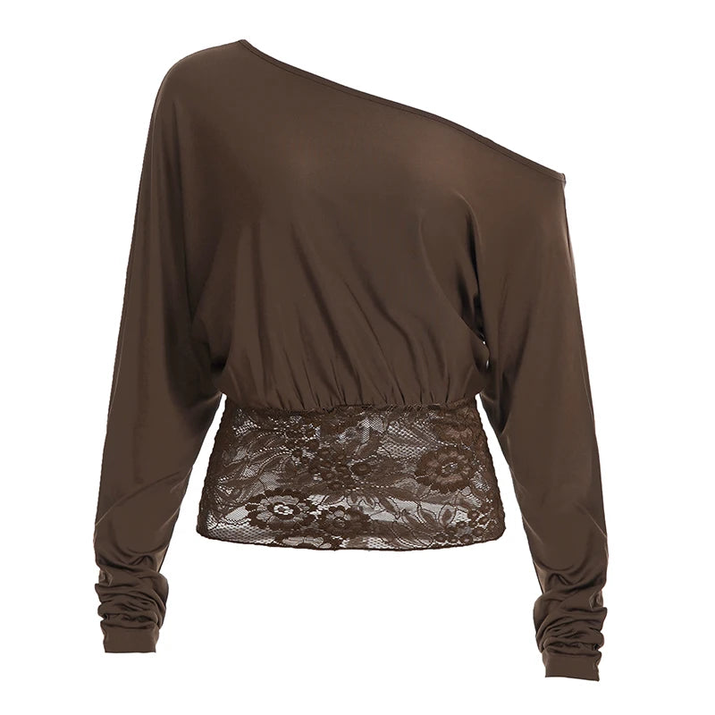 SUCHCUTE Elegantes, schulterfreies, mit Spitzen besetztes, tailliertes Top, Retro-Streetwear, solides Langarm-T-Shirt für Damen, Frühling und Sommer