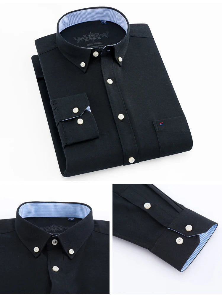 Langärmliges Oxford-Karo-gestreiftes Arbeits-Freizeithemd für Herren mit Tasche, Frühlings-Herbst-Baumwollmischung, reguläre Passform, Button-Down-Hemden