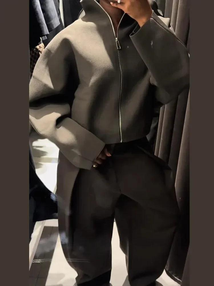 Frauen Casual Solide Strick Kurze Strickjacke Revers Volle Hülse Zipper Lose Abgeschnitten Mäntel 2025, Dame Täglichen Pendeln Mode Oberbekleidung