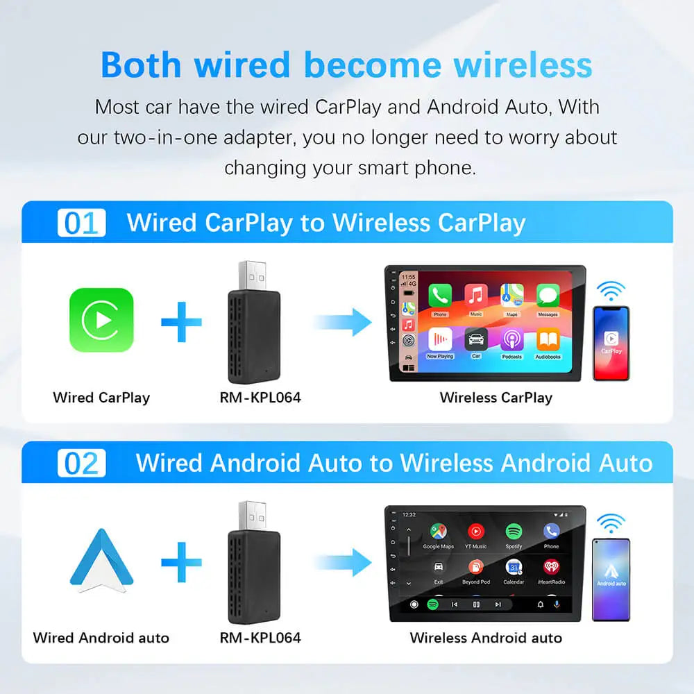 2in1 verkabelt mit kabellosem CarPlay-Android-Auto-Adapter für OEM-Autoradio mit USB-Stecker und Wiedergabe