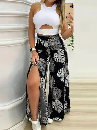 Sommer Mode Zwei Stück Outfits Frau Neue frauen Elegante Casual Hohl O Hals Kurze Weste Gedruckt Hosen Set Frauen kleidung