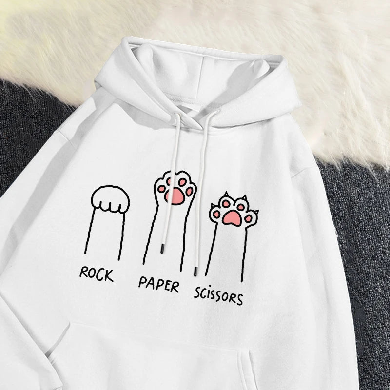 Kawaii Damen Hoodies Rock Paper Schere Lustige Katze Druck Pullover Weiche Atmungsaktive Lose Sweatshirt Herbst Winter Sportswear