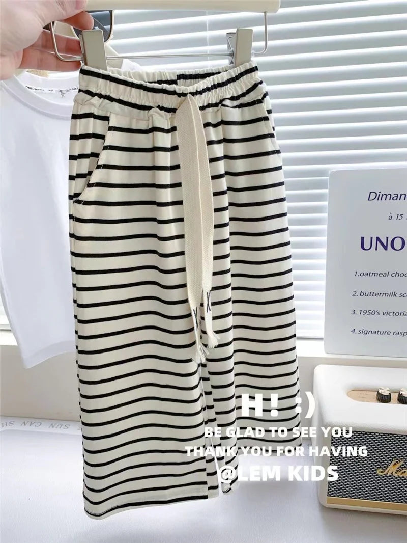 Sommer Mädchen T-Shirt Kleidungssets Kinder Kurzarm-Tops+Gestreifte Hosen 2-teilige Anzüge Mode Lässige Outfits Kinderkleidung 1-8 Jahre