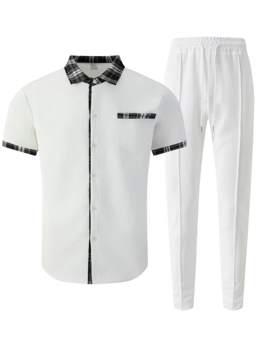 Sommer Herrenmode 2-teiliges Set Strukturiertes Hemd mit Karo-Besatz und Hosenanzug für Alltag, Streetstyle und Urlaubsreisen
