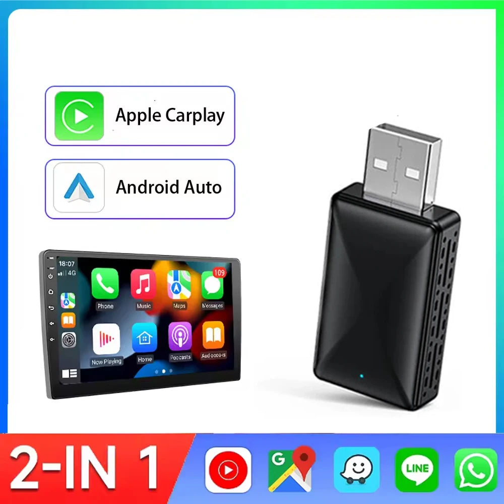 2in1 verkabelt mit kabellosem CarPlay-Android-Auto-Adapter für OEM-Autoradio mit USB-Stecker und Wiedergabe