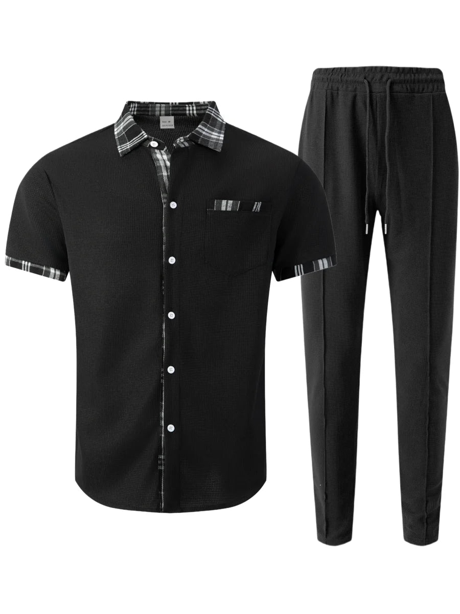Sommer Herrenmode 2-teiliges Set Strukturiertes Hemd mit Karo-Besatz und Hosenanzug für Alltag, Streetstyle und Urlaubsreisen