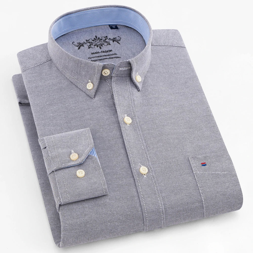 Langärmliges Oxford-Karo-gestreiftes Arbeits-Freizeithemd für Herren mit Tasche, Frühlings-Herbst-Baumwollmischung, reguläre Passform, Button-Down-Hemden
