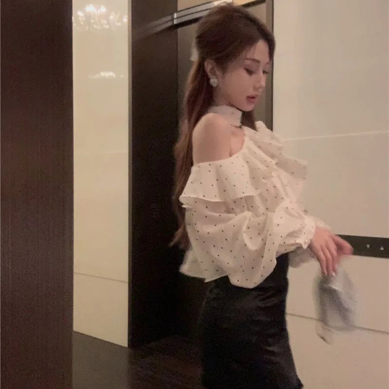 Französisch Stil Neckholder Polka Dot Chiffon Shirts Frau Elegante Off Schulter Rüschen Blusen Damen Koreanische All-Match Trend Blusas