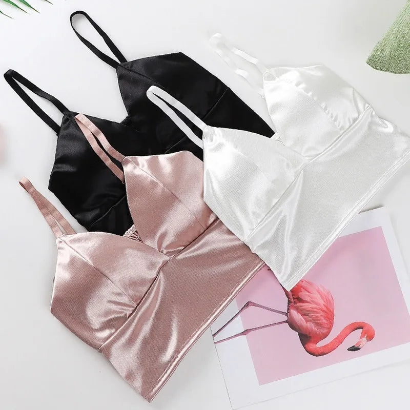 Sexy Satin Crop Tops Frauen drahtlose Bra lette Häkeln Top weibliche Spaghetti träger T-Shirt mit Brust gepolstert Leibchen Camis abgeschnitten