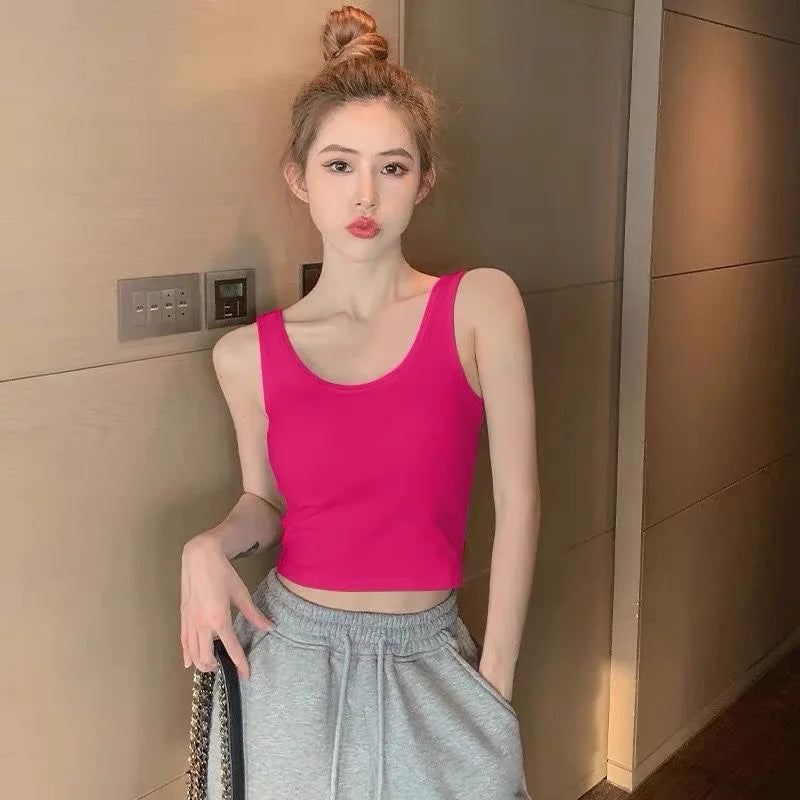 2024 mode Sexy Frauen Candy Farbe Tanks Tops Kurze 100% Baumwolle Casual Leibchen Rohr Top Weibliche Ärmellose Abgeschnitten Weste 2XL