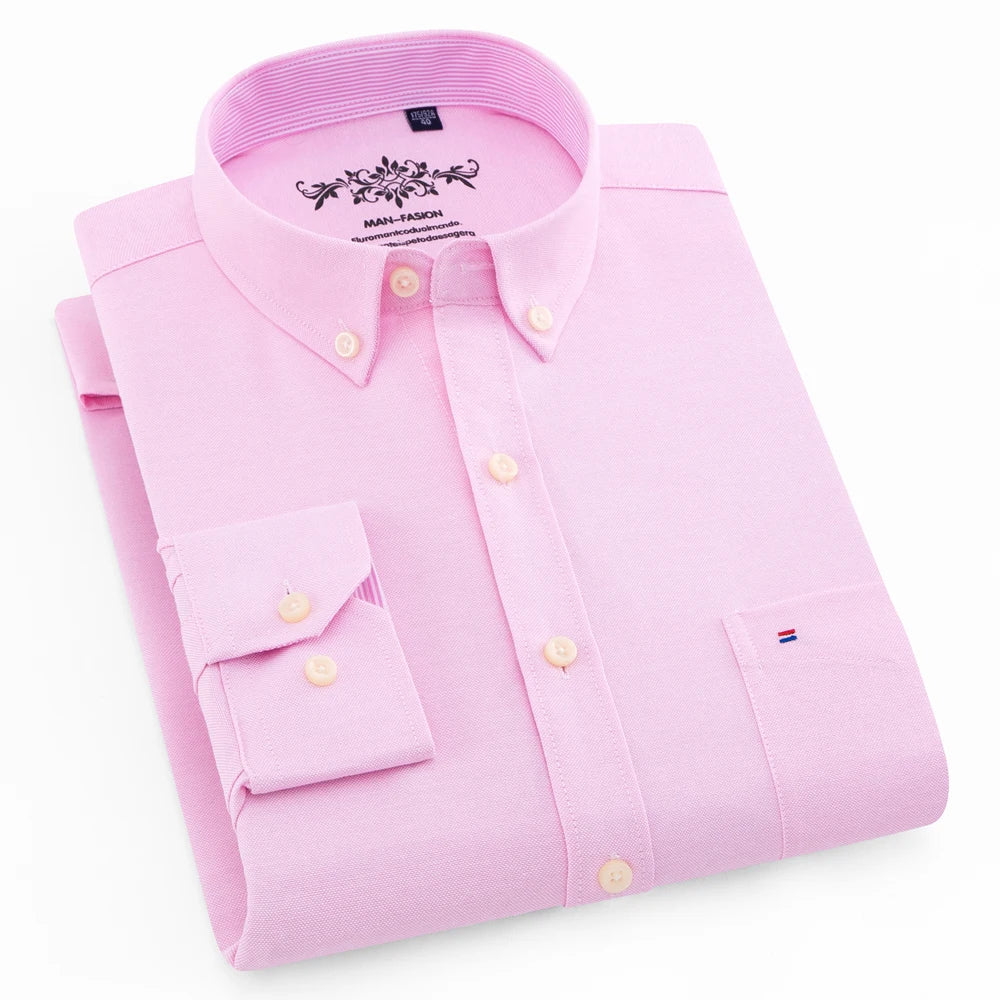 Langärmliges Oxford-Karo-gestreiftes Arbeits-Freizeithemd für Herren mit Tasche, Frühlings-Herbst-Baumwollmischung, reguläre Passform, Button-Down-Hemden
