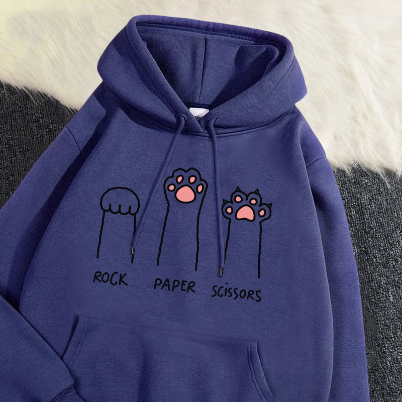 Kawaii Damen Hoodies Rock Paper Schere Lustige Katze Druck Pullover Weiche Atmungsaktive Lose Sweatshirt Herbst Winter Sportswear