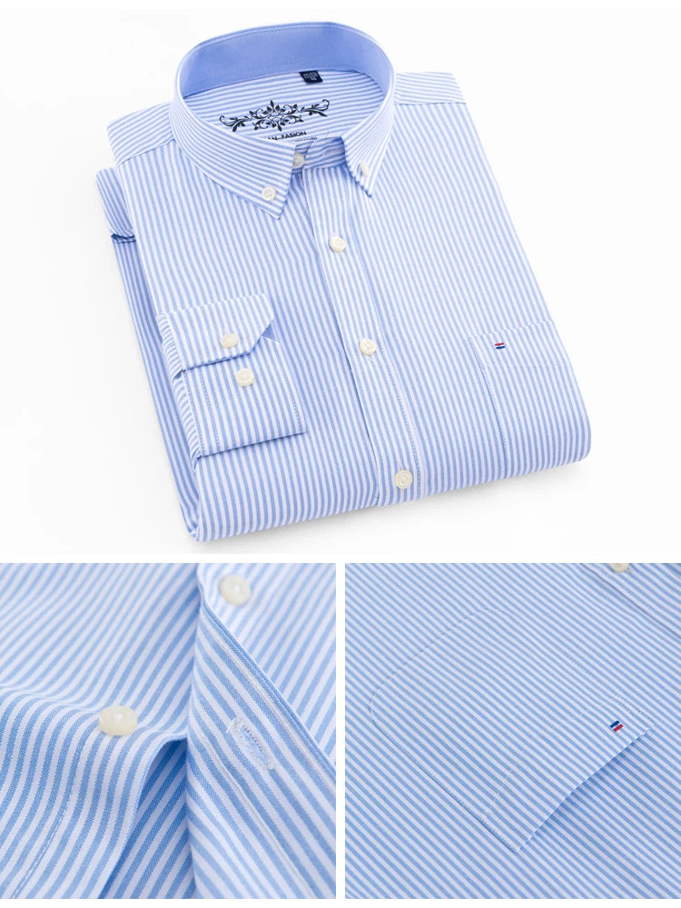 Langärmliges Oxford-Karo-gestreiftes Arbeits-Freizeithemd für Herren mit Tasche, Frühlings-Herbst-Baumwollmischung, reguläre Passform, Button-Down-Hemden