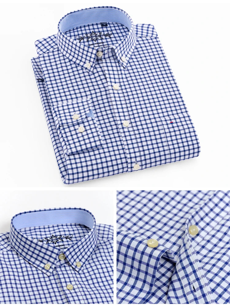 Langärmliges Oxford-Karo-gestreiftes Arbeits-Freizeithemd für Herren mit Tasche, Frühlings-Herbst-Baumwollmischung, reguläre Passform, Button-Down-Hemden
