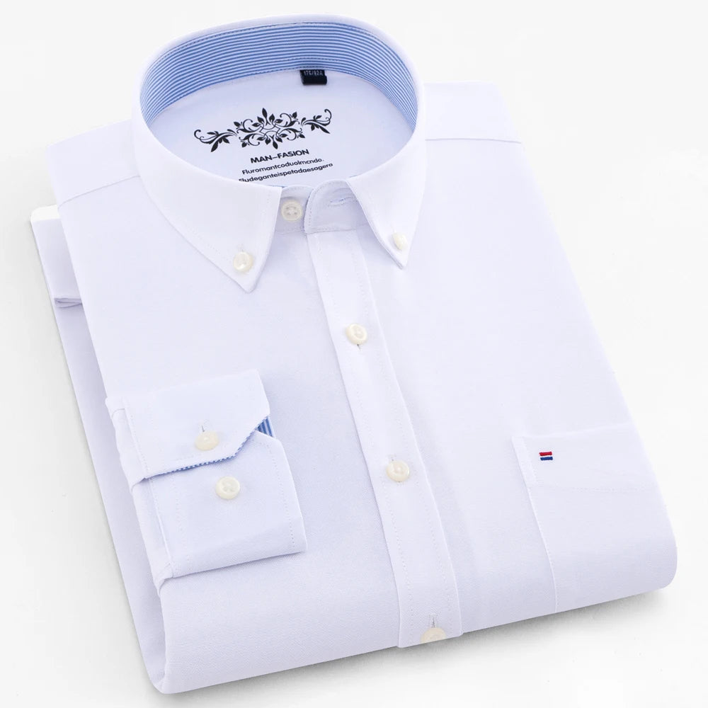Langärmliges Oxford-Karo-gestreiftes Arbeits-Freizeithemd für Herren mit Tasche, Frühlings-Herbst-Baumwollmischung, reguläre Passform, Button-Down-Hemden