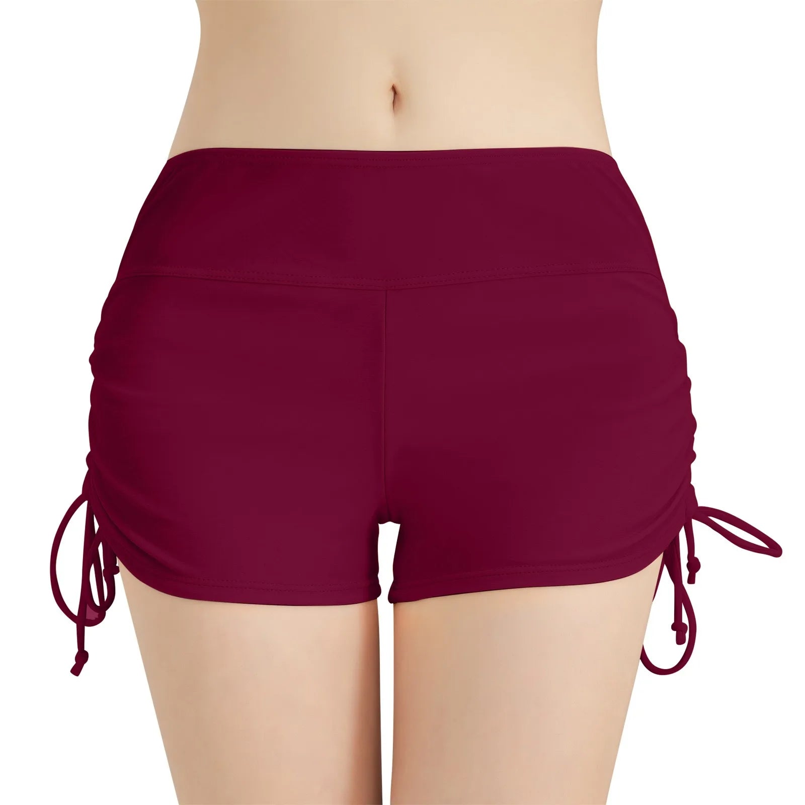 Sommer-Badebekleidung für Damen, einfarbig, Boxer, Strandshorts, hohe Taille, seitlich verstellbarer Kordelzug, elastischer Sport-Badeanzug