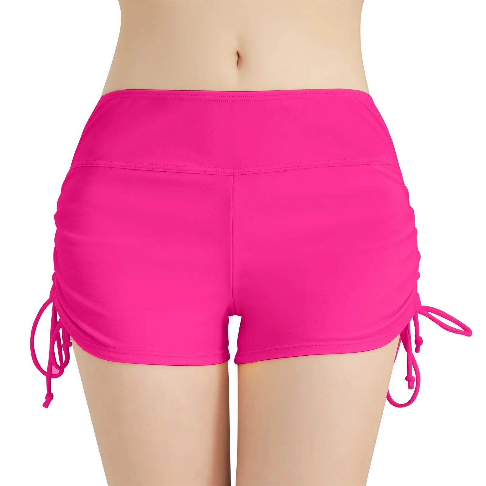 Sommer-Badebekleidung für Damen, einfarbig, Boxer, Strandshorts, hohe Taille, seitlich verstellbarer Kordelzug, elastischer Sport-Badeanzug