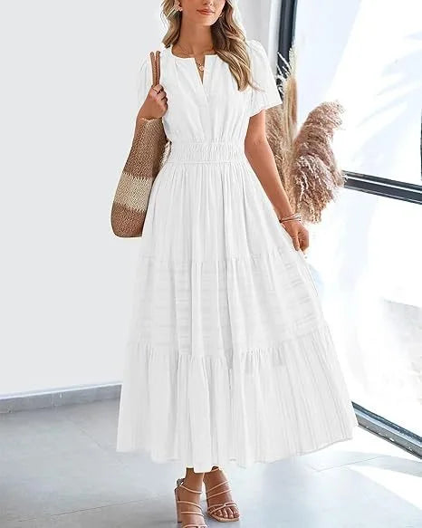 2025, Frühling und Sommer, grenzüberschreitende europäische und amerikanische Mode, Damen-Kleid mit V-Ausschnitt, gefalteten Blasenärmeln, mehrlagig, großes Swing-Kleid