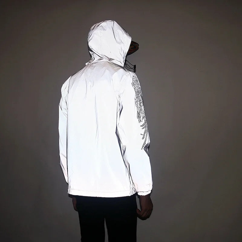 Männer Voll Reflektierende Jacke Casual Frauen Windjacke Hip Hop Mit Kapuze Mantel Wasserdicht Gedruckt Streetwear Nacht Glänzende Jacken 5XL
