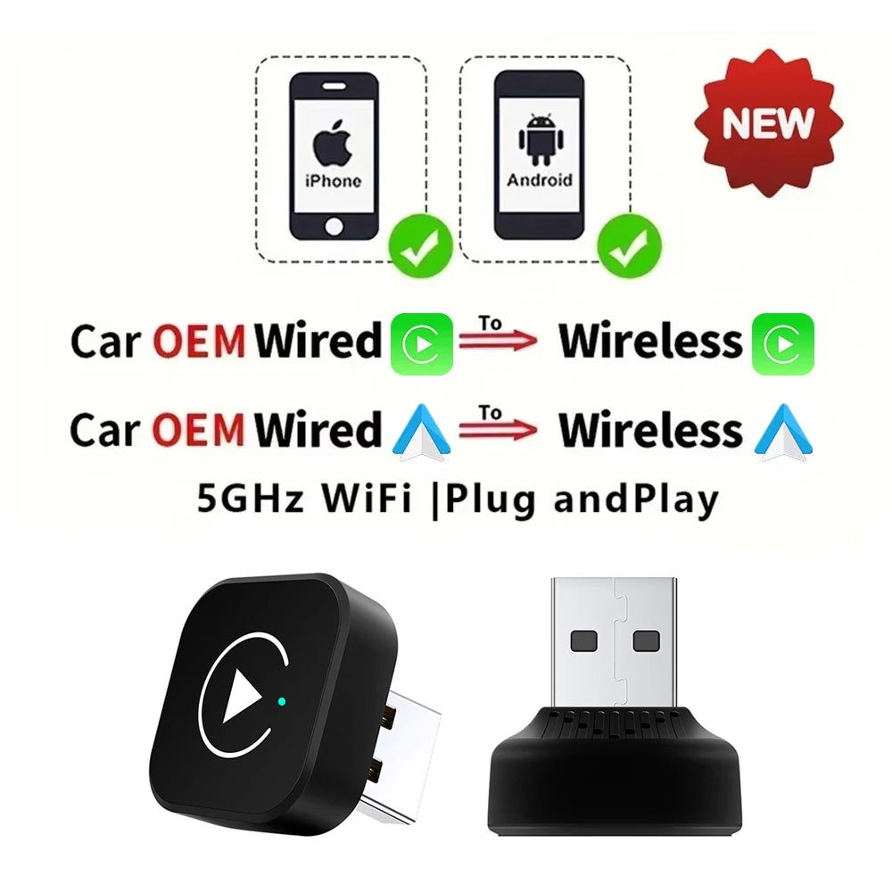 2in1 verkabelt mit kabellosem CarPlay-Android-Auto-Adapter für OEM-Autoradio mit USB-Stecker und Wiedergabe