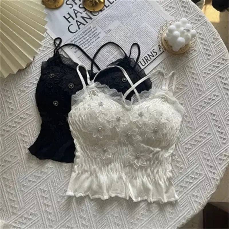 Sommer Frau Kleidung y2k Tops Französisch Diamant Appliqué Leibchen Bodenbildung Shirt Spitze Crop Top frauen Falten Spaghetti Strap Tops