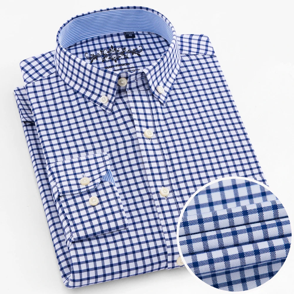 Langärmliges Oxford-Karo-gestreiftes Arbeits-Freizeithemd für Herren mit Tasche, Frühlings-Herbst-Baumwollmischung, reguläre Passform, Button-Down-Hemden