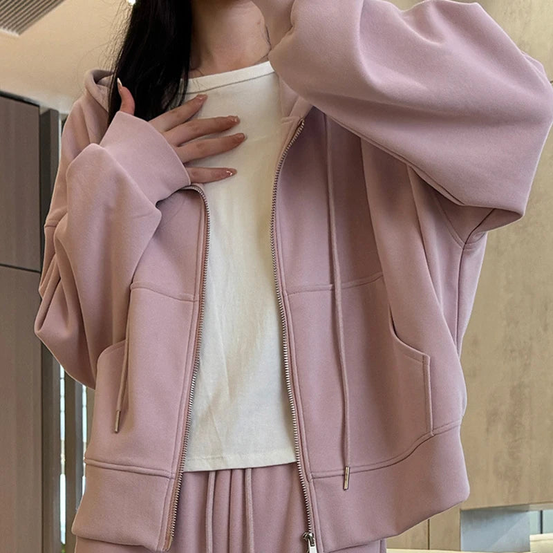 2025 Chic Doppel Reißverschlüsse Gestellte Hoodie Frauen Koreanische Langarm Mit Kapuze Sweatshirt Frau Einfarbig Lose Sport Jacke Weibliche
