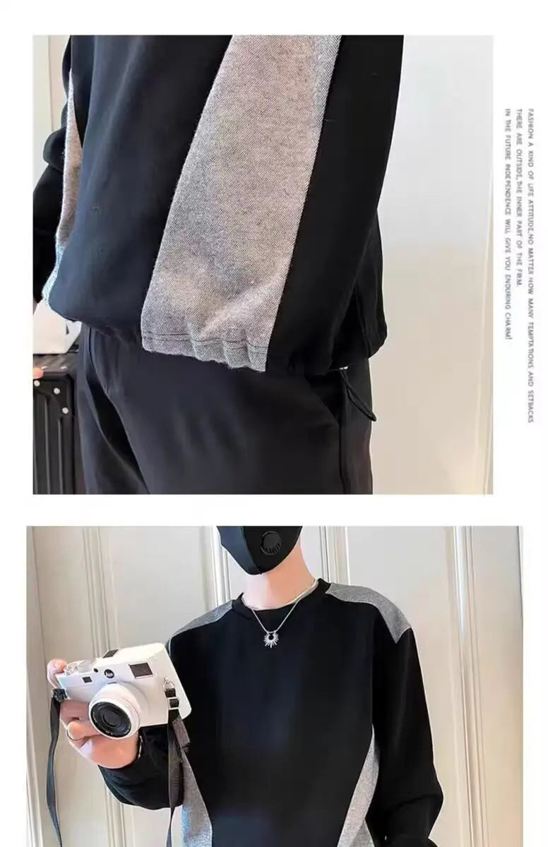 Gespleißtes Sweatshirt Herren Frühling Herbst Neues Rundhals-Langarm-Bottom-Shirt T-Shirt Trendy Casual Top Hoodies