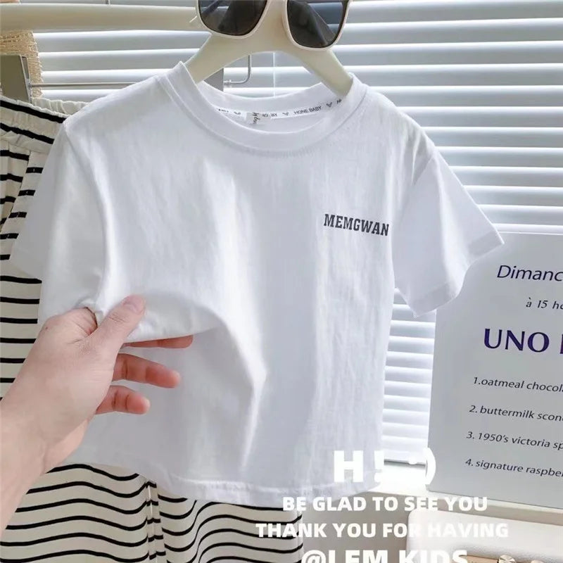 Sommer Mädchen T-Shirt Kleidungssets Kinder Kurzarm-Tops+Gestreifte Hosen 2-teilige Anzüge Mode Lässige Outfits Kinderkleidung 1-8 Jahre