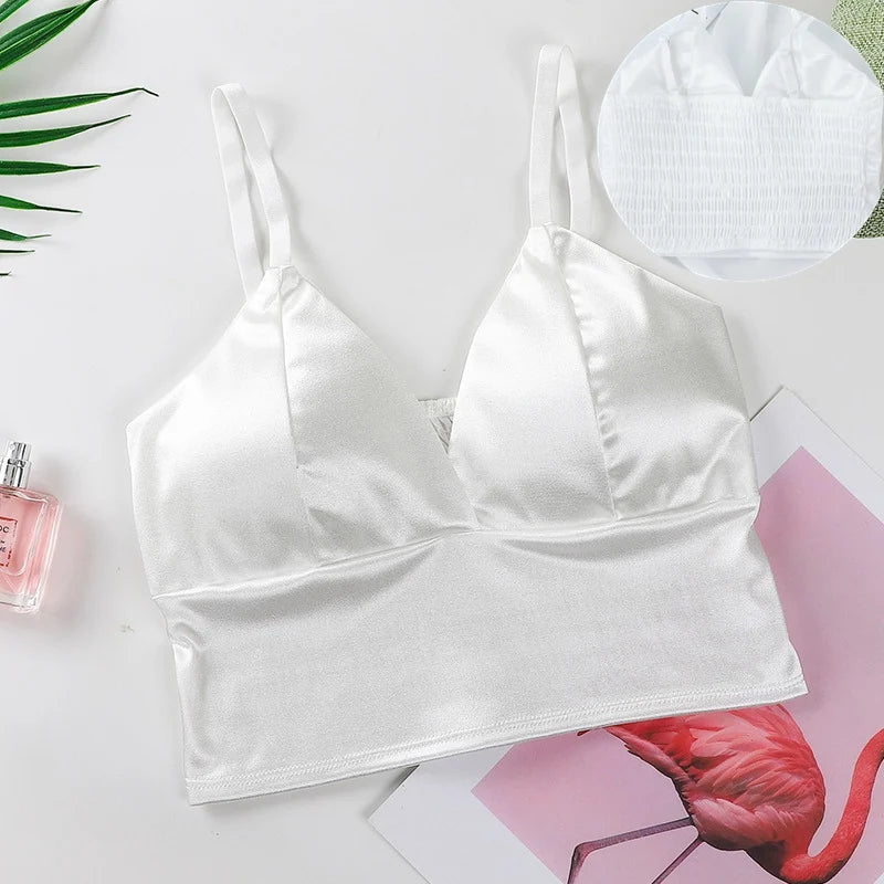 Sexy Satin Crop Tops Frauen drahtlose Bra lette Häkeln Top weibliche Spaghetti träger T-Shirt mit Brust gepolstert Leibchen Camis abgeschnitten