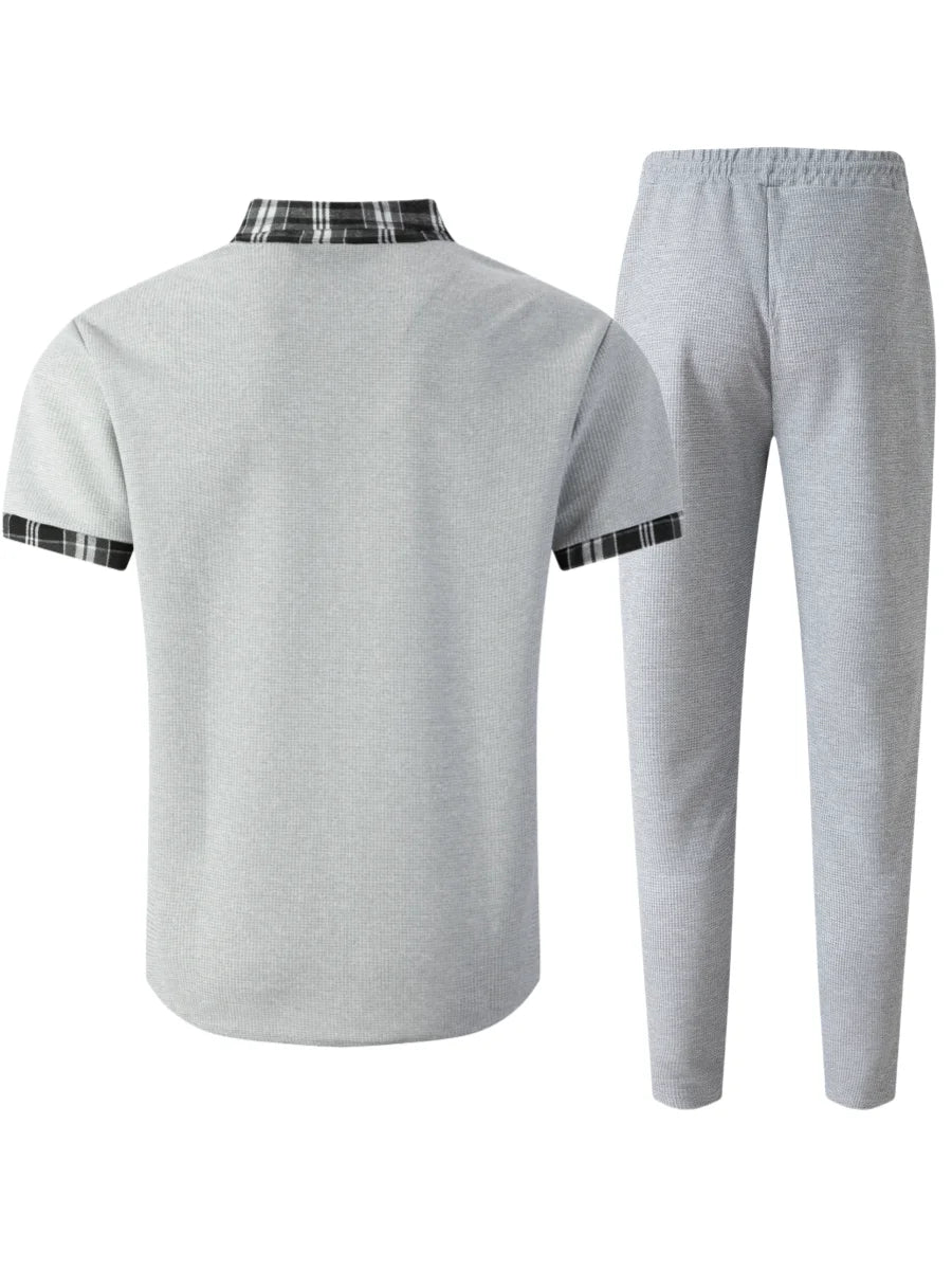Sommer Herrenmode 2-teiliges Set Strukturiertes Hemd mit Karo-Besatz und Hosenanzug für Alltag, Streetstyle und Urlaubsreisen