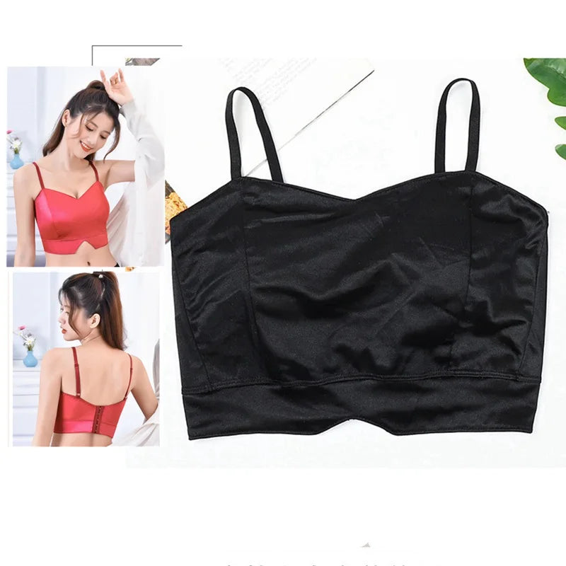 Sexy Satin Crop Tops Frauen drahtlose Bra lette Häkeln Top weibliche Spaghetti träger T-Shirt mit Brust gepolstert Leibchen Camis abgeschnitten