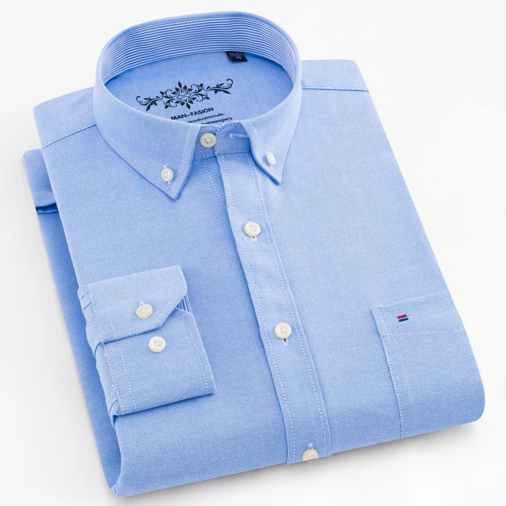 Langärmliges Oxford-Karo-gestreiftes Arbeits-Freizeithemd für Herren mit Tasche, Frühlings-Herbst-Baumwollmischung, reguläre Passform, Button-Down-Hemden