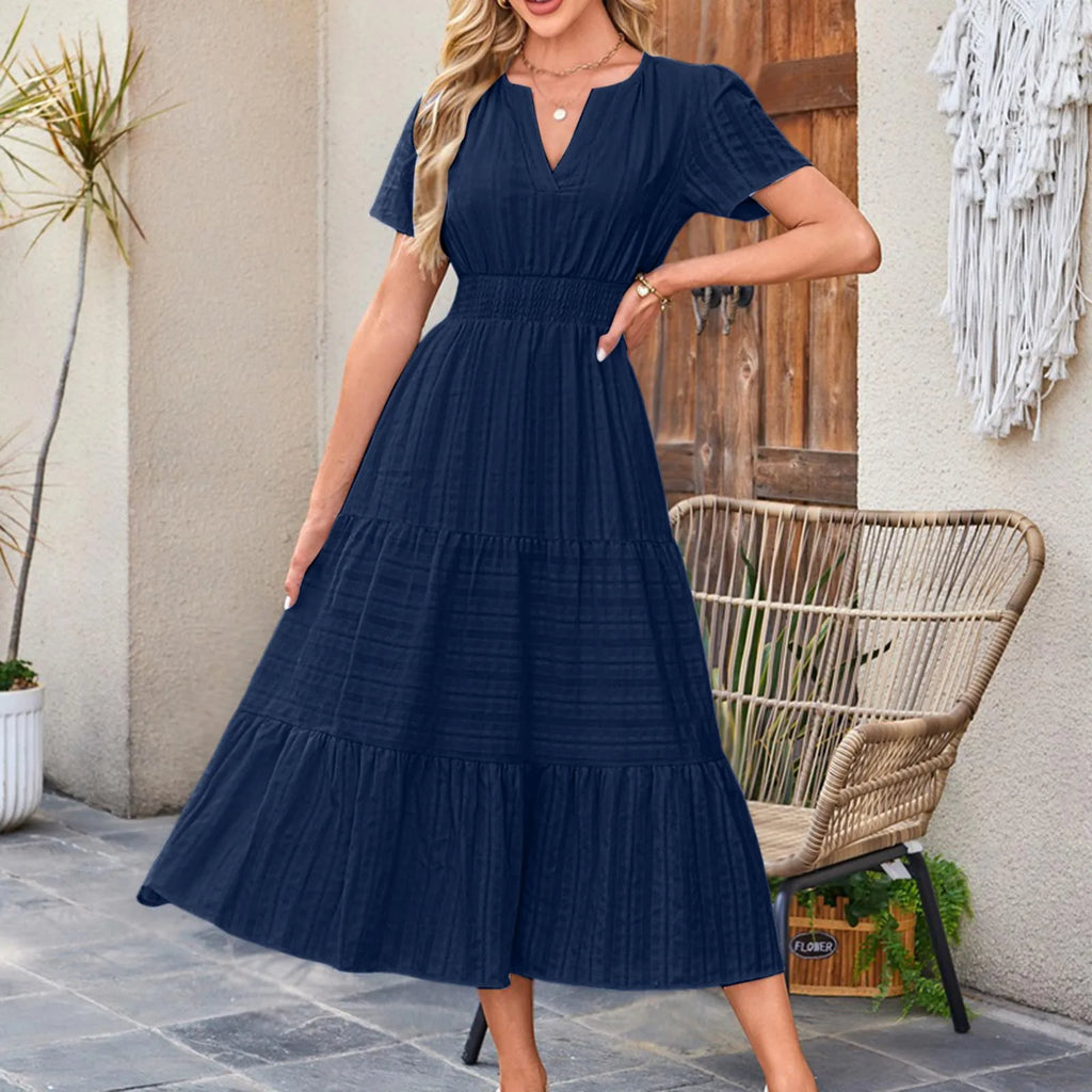 Frauen Swing Kleid Frühling Sommer Casual Einfarbig V-ausschnitt Kurzarm Kleider Elastische Bund Gefüttert Vestidos Für Streetwear