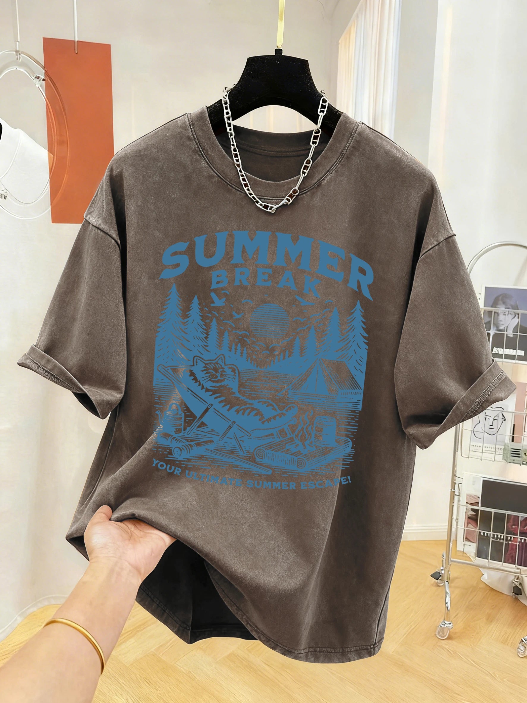 Summer Break Camping Cats Print Herren-T-Shirt mit gewaschenem Effekt, Sport-T-Shirt, weiches T-Shirt aus Baumwolle, lockere Kleidung, Basic-All-Match-Kurzarmshirt