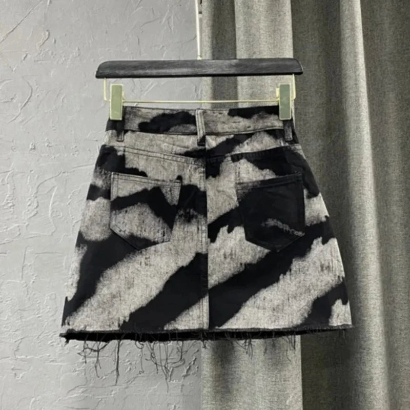Batik-Druck Minirock Damen Mode Persönlichkeit Hohe Taille Taschen A-Linie Jeansröcke Spicy Girl Retro Sexy Y2K Streetwear