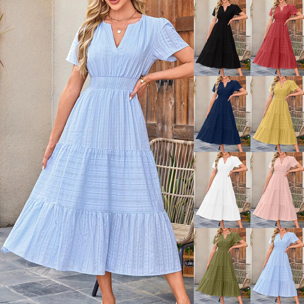 Frauen Swing Kleid Frühling Sommer Casual Einfarbig V-ausschnitt Kurzarm Kleider Elastische Bund Gefüttert Vestidos Für Streetwear