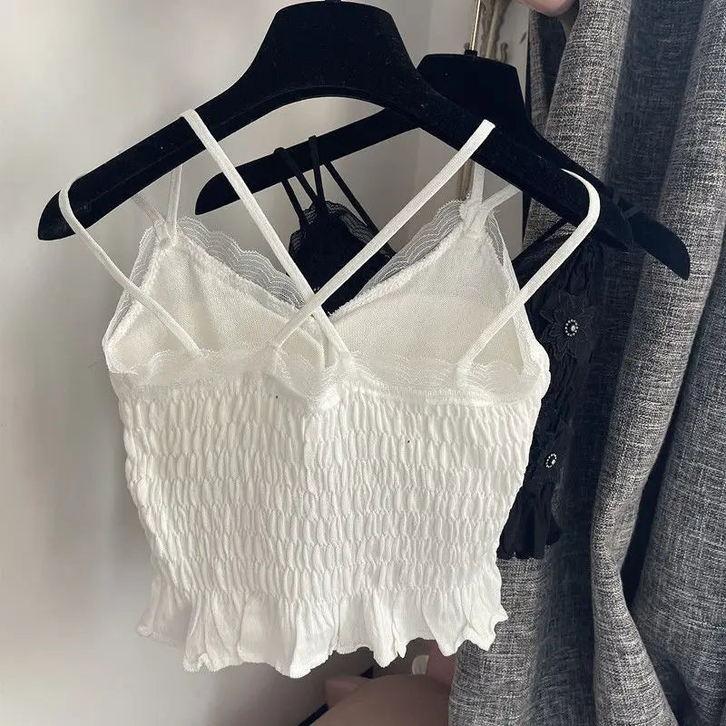 Sommer Frau Kleidung y2k Tops Französisch Diamant Appliqué Leibchen Bodenbildung Shirt Spitze Crop Top frauen Falten Spaghetti Strap Tops