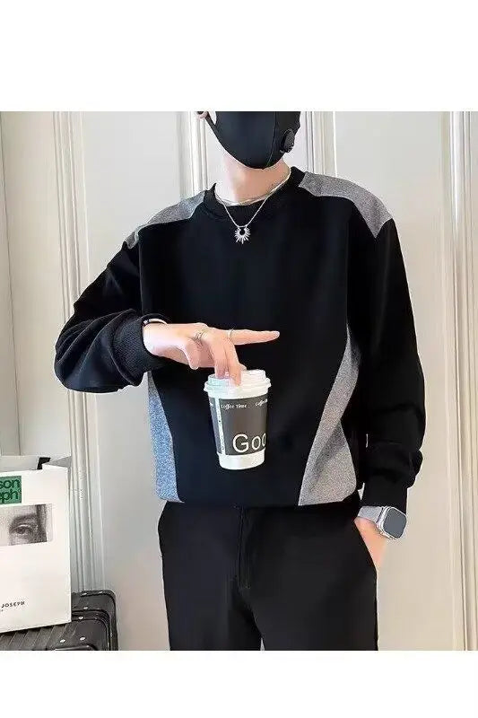 Gespleißtes Sweatshirt Herren Frühling Herbst Neues Rundhals-Langarm-Bottom-Shirt T-Shirt Trendy Casual Top Hoodies