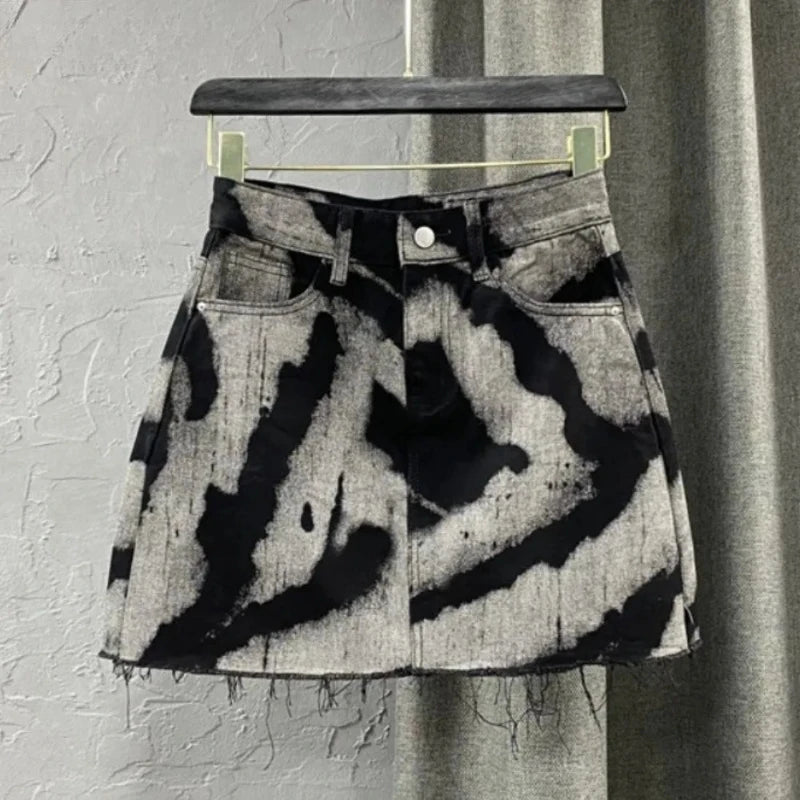 Batik-Druck Minirock Damen Mode Persönlichkeit Hohe Taille Taschen A-Linie Jeansröcke Spicy Girl Retro Sexy Y2K Streetwear