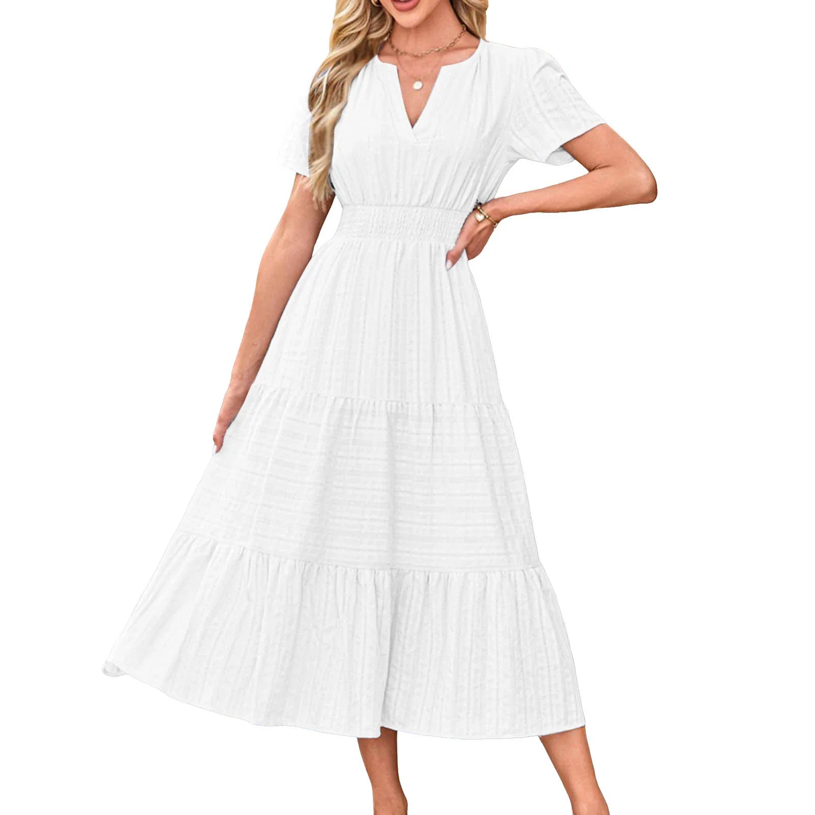 Frauen Swing Kleid Frühling Sommer Casual Einfarbig V-ausschnitt Kurzarm Kleider Elastische Bund Gefüttert Vestidos Für Streetwear