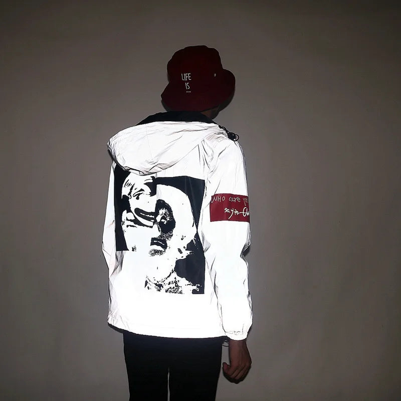 Männer Voll Reflektierende Jacke Casual Frauen Windjacke Hip Hop Mit Kapuze Mantel Wasserdicht Gedruckt Streetwear Nacht Glänzende Jacken 5XL