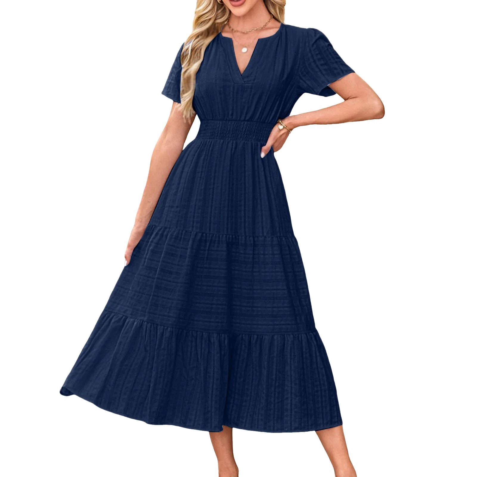 Frauen Swing Kleid Frühling Sommer Casual Einfarbig V-ausschnitt Kurzarm Kleider Elastische Bund Gefüttert Vestidos Für Streetwear