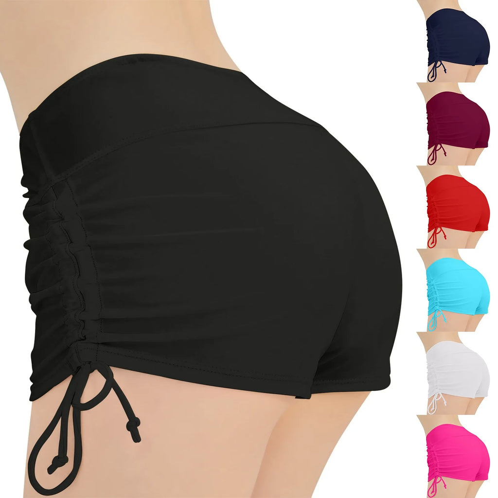 Sommer-Badebekleidung für Damen, einfarbig, Boxer, Strandshorts, hohe Taille, seitlich verstellbarer Kordelzug, elastischer Sport-Badeanzug