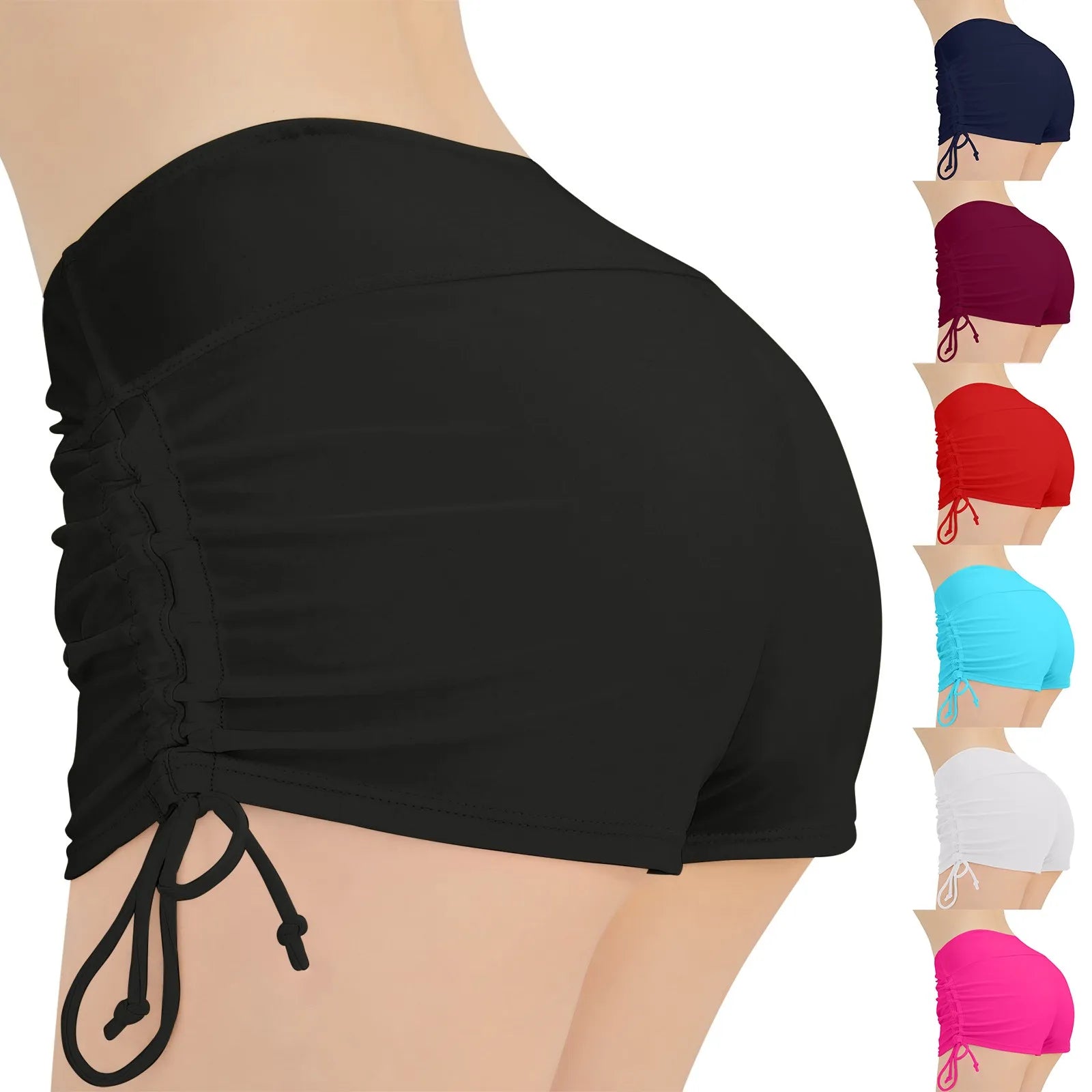 Sommer-Badebekleidung für Damen, einfarbig, Boxer, Strandshorts, hohe Taille, seitlich verstellbarer Kordelzug, elastischer Sport-Badeanzug